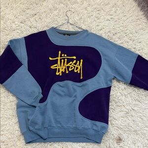Stussy Blue and Purple Crewneck Sweater with Yellow Logo